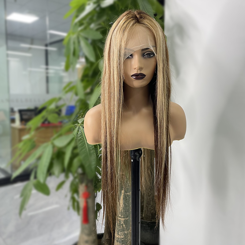 Pelucas de cabello humano rubio de miel ombre 4/27 resaltado recto 13x4 frente de encaje 100% virgen
