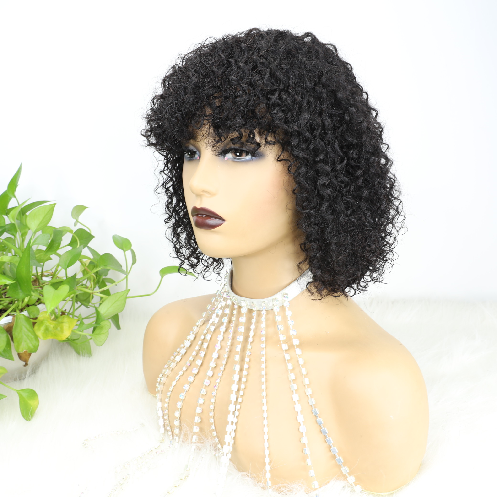 Pelucas de cabello humano rizado jerry para mujeres negras con flequillo de color natural
