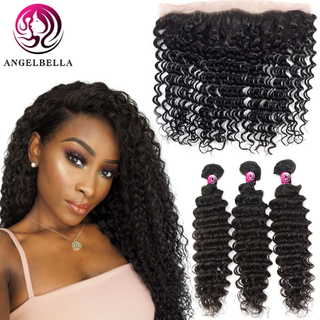 Paquetes de tejido de cabello brasileño con paquetes de ondas profundas de cierre frontal con frontal 