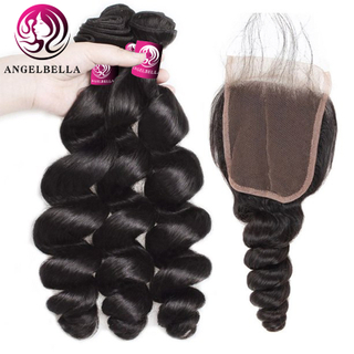 Puntos de cabello humano El tejido de tejido de ola de ondas sueltas negras naturales con cierre frontal 