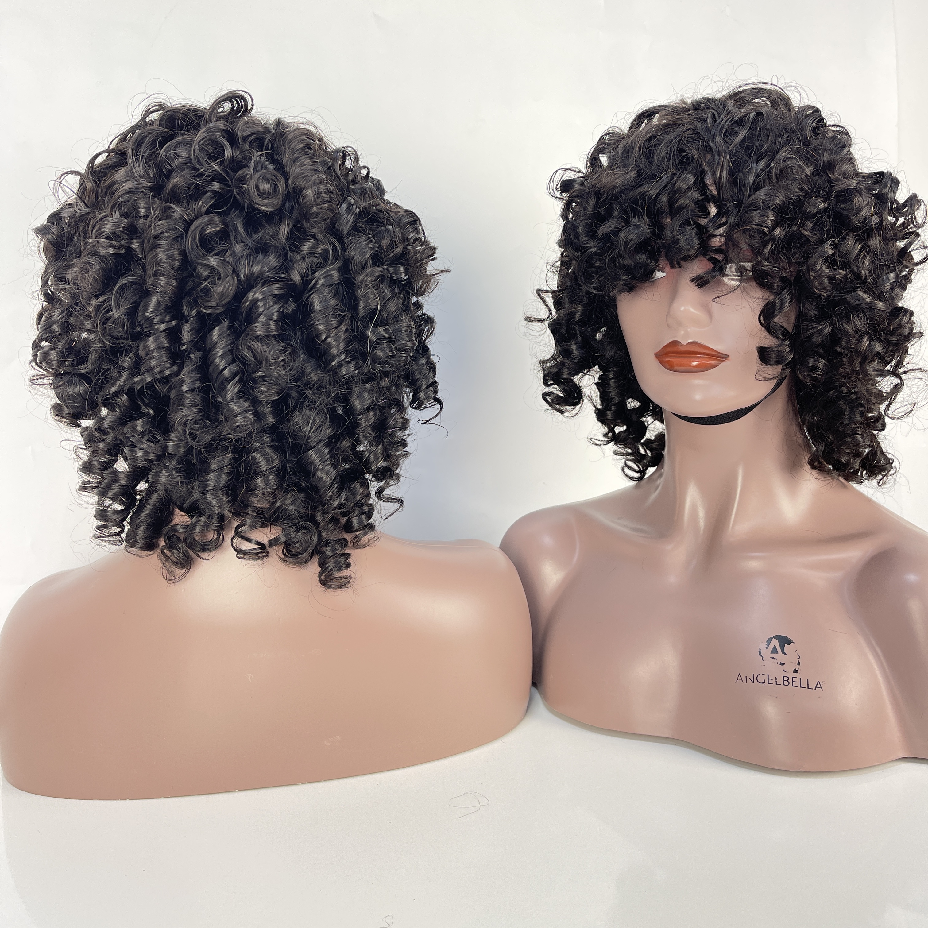 Pelucas afro rizadas en espiral para mujeres negras sin glóbulo brasileño Remy Funmi Curls Kinky Curly Wavy Black Wig con flequillo