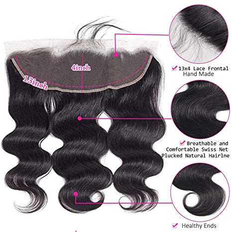 Angelbella GLURESS 13x4 Cierre frontal de encaje Cabello humano Oveja para el cuerpo Natural Black Lace Frontal 130% Densidad